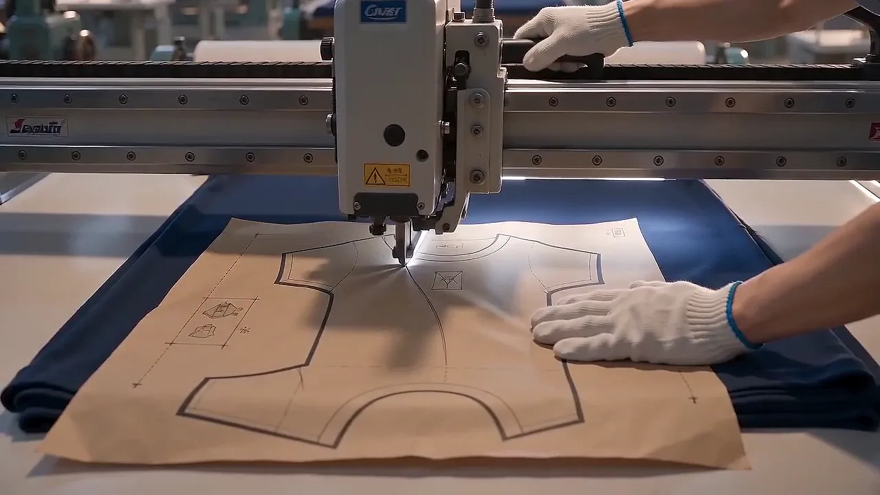 A straight-knife cutter guided along a T-shirt pattern on stacked indigo jersey.