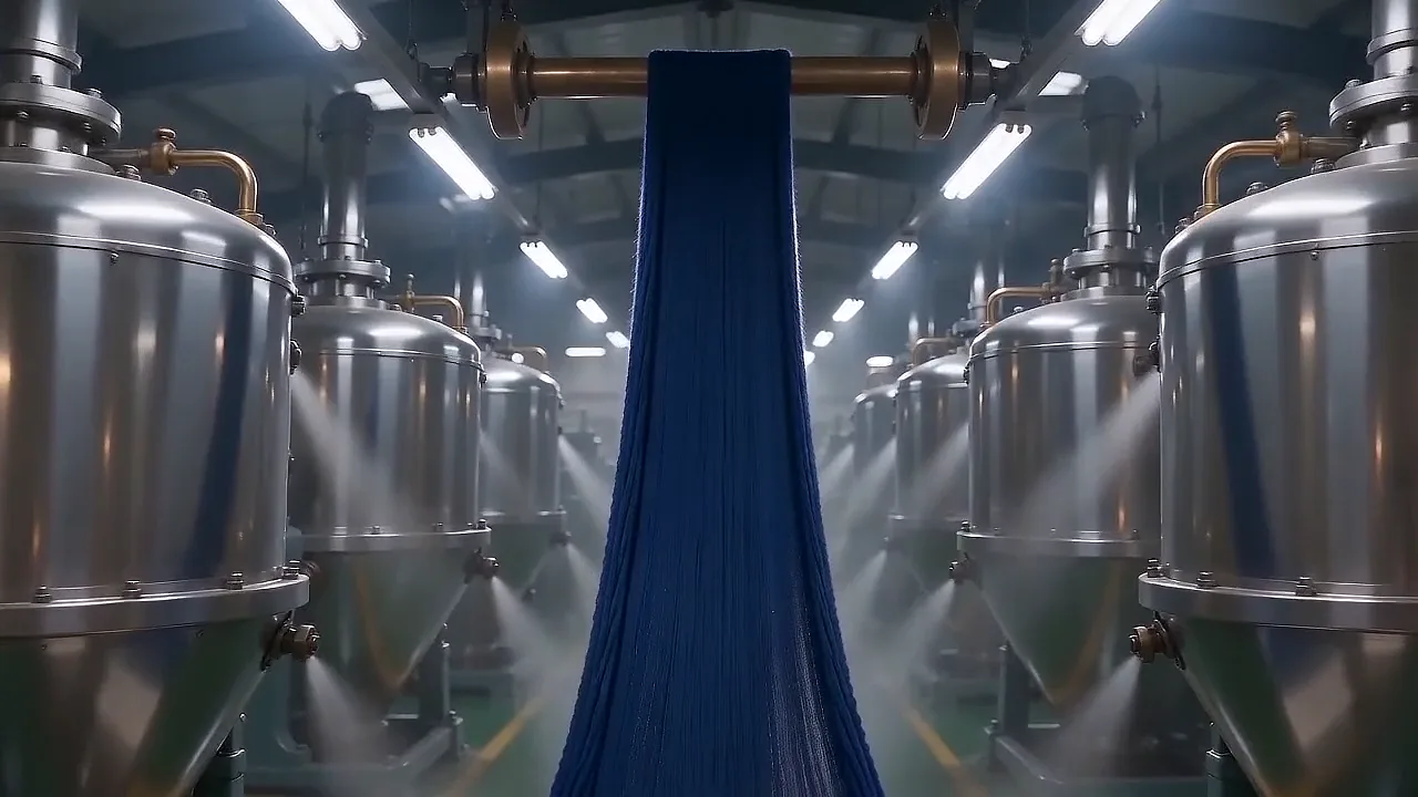 Indigo fabric running out of a stainless-steel dyeing machine through soft steam.