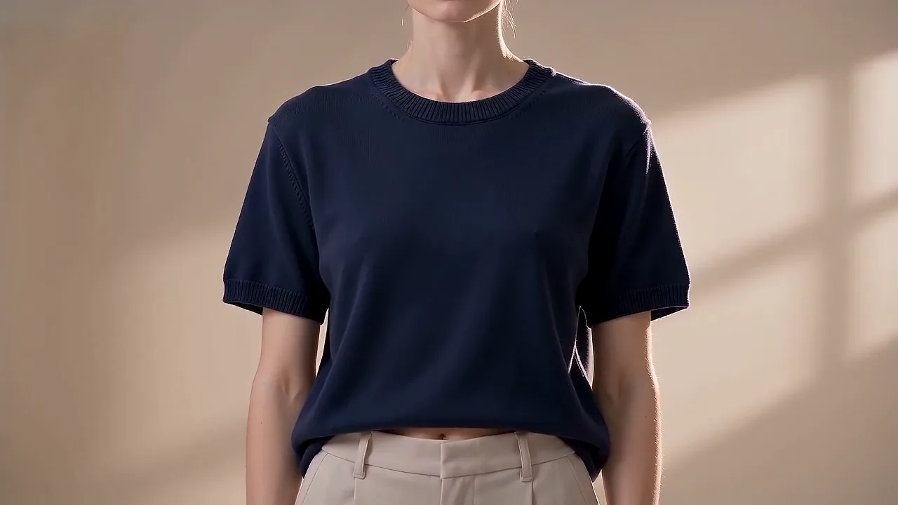 A model wearing the finished indigo cotton T-shirt in a minimal ivory studio.