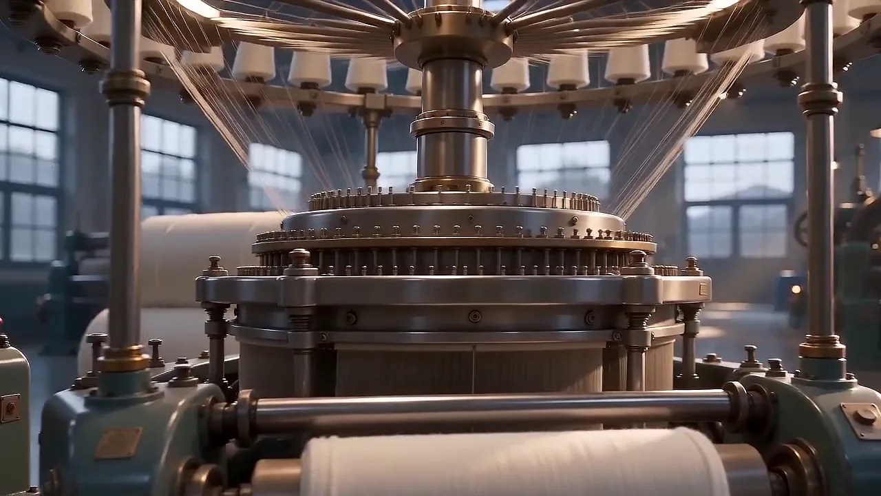 A circular knitting machine producing a tube of cotton jersey.