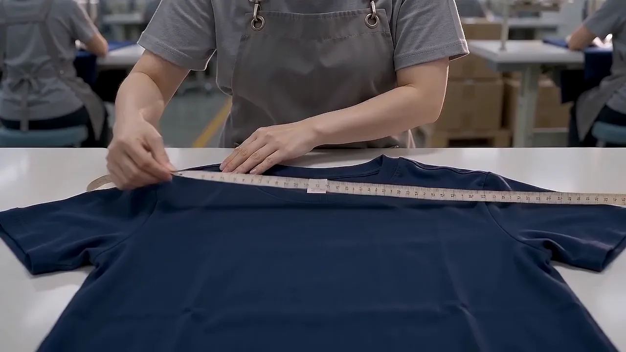 An inspector measuring a finished indigo T-shirt on a bright inspection table.