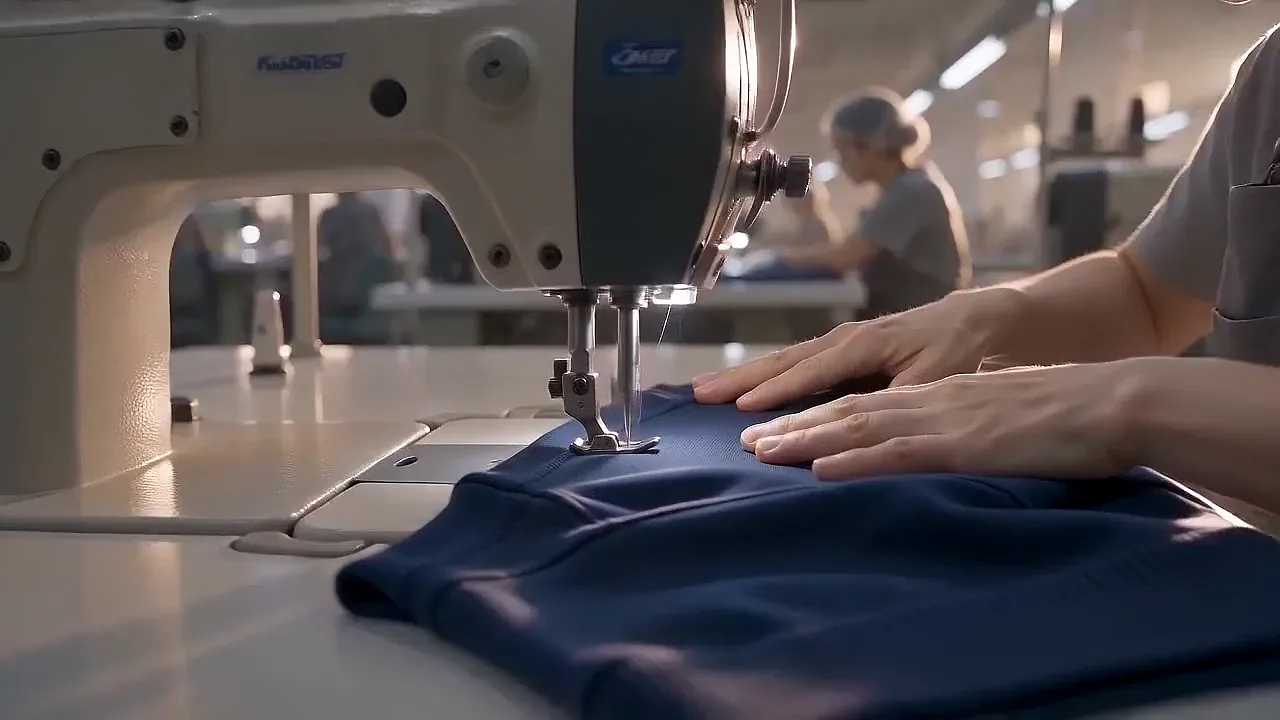 Operators guiding indigo T-shirt panels through industrial sewing machines.
