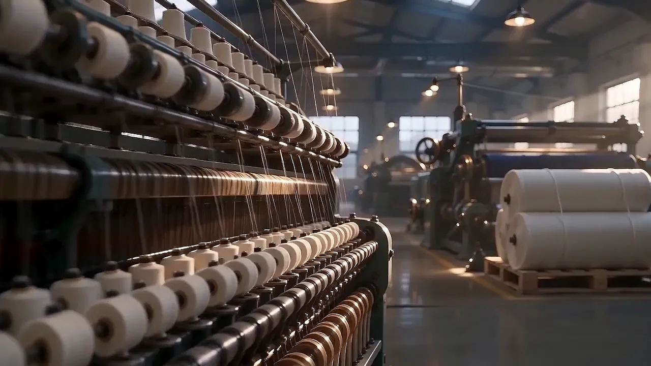Ring-spinning frames winding white cotton yarn onto bobbins.