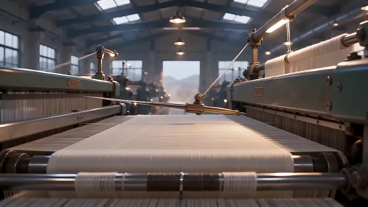 Warp threads rising and falling on a loom as woven cloth forms.
