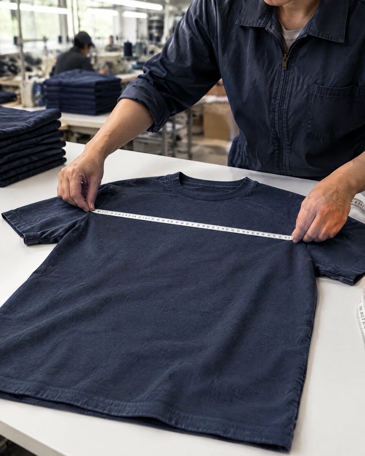 Hands measuring the chest width of a finished T-shirt with a tape measure.