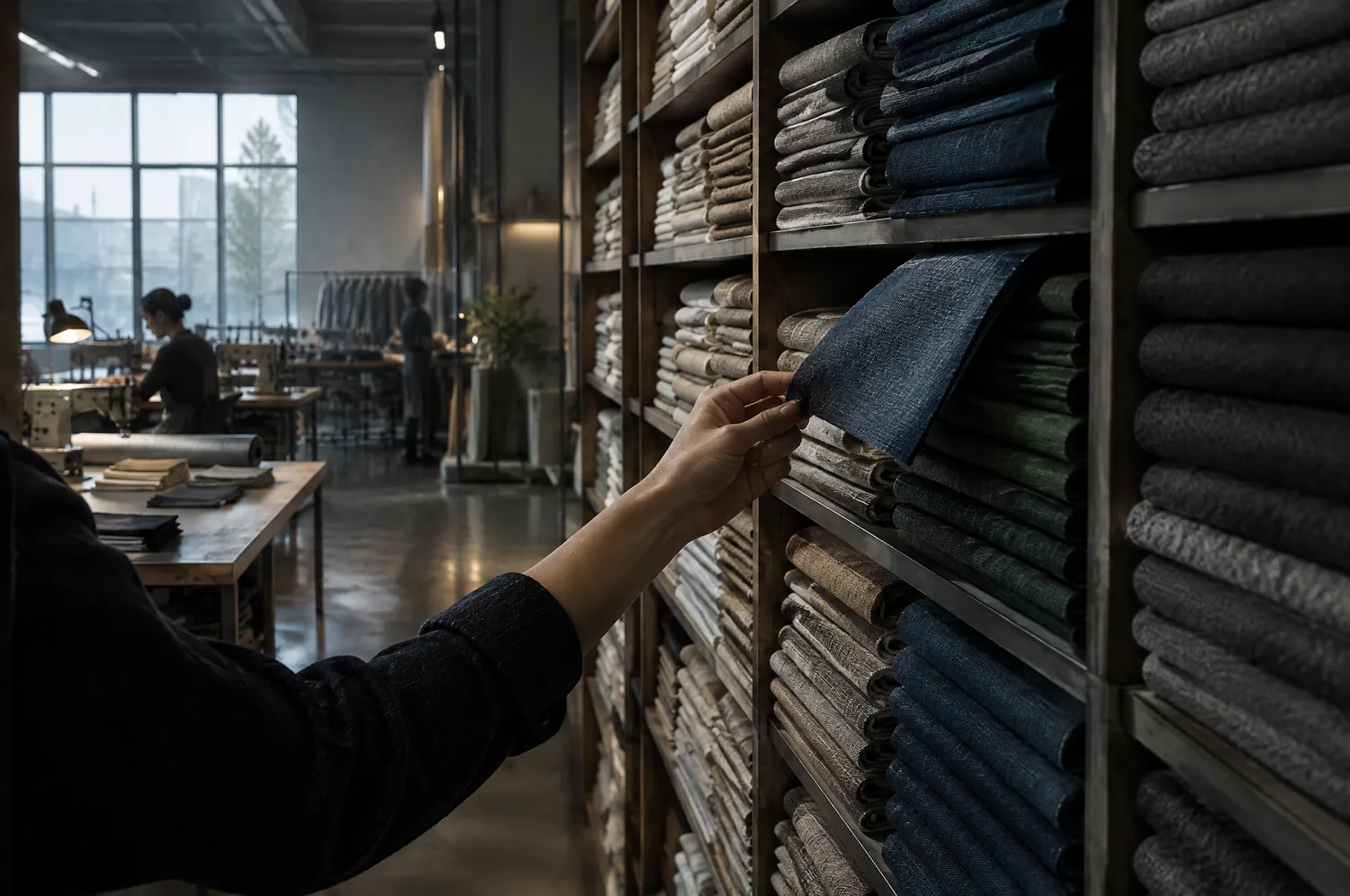A swatch library wall of folded fabric samples arranged by colour.