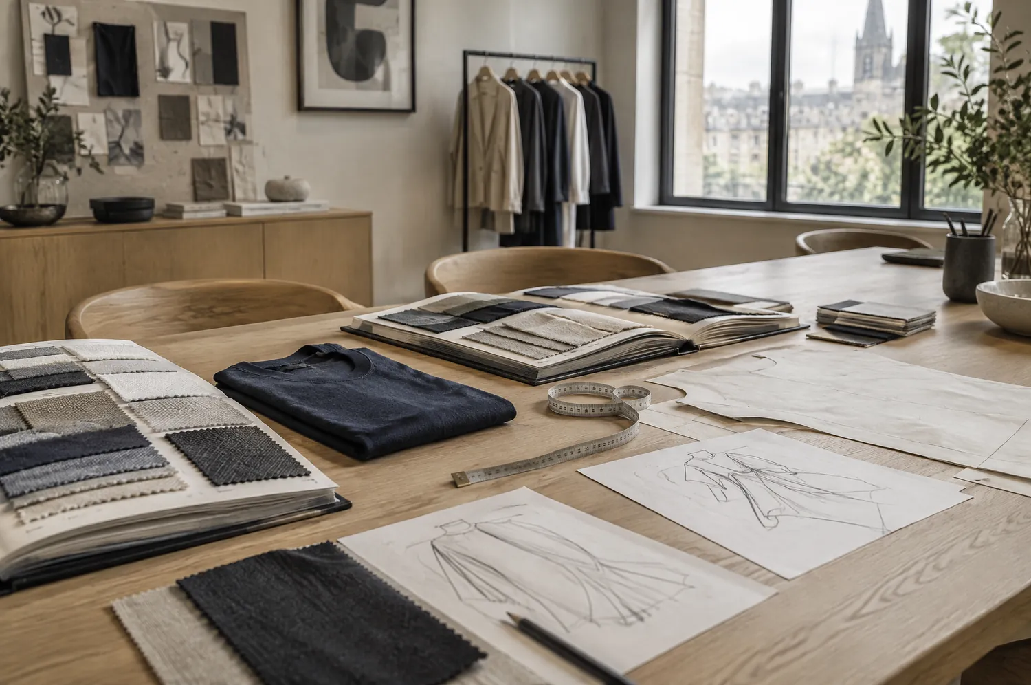 A calm sampling room with swatch books, a folded indigo T-shirt and pattern pieces on an oak table.